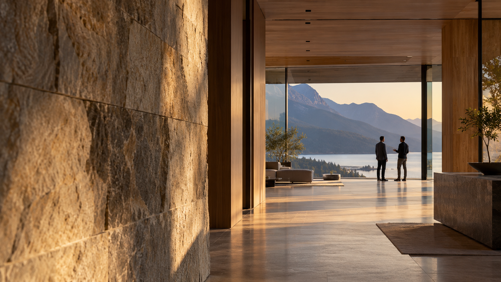 A sheltered stone passage opens onto a peaceful terrace and distant mountains.