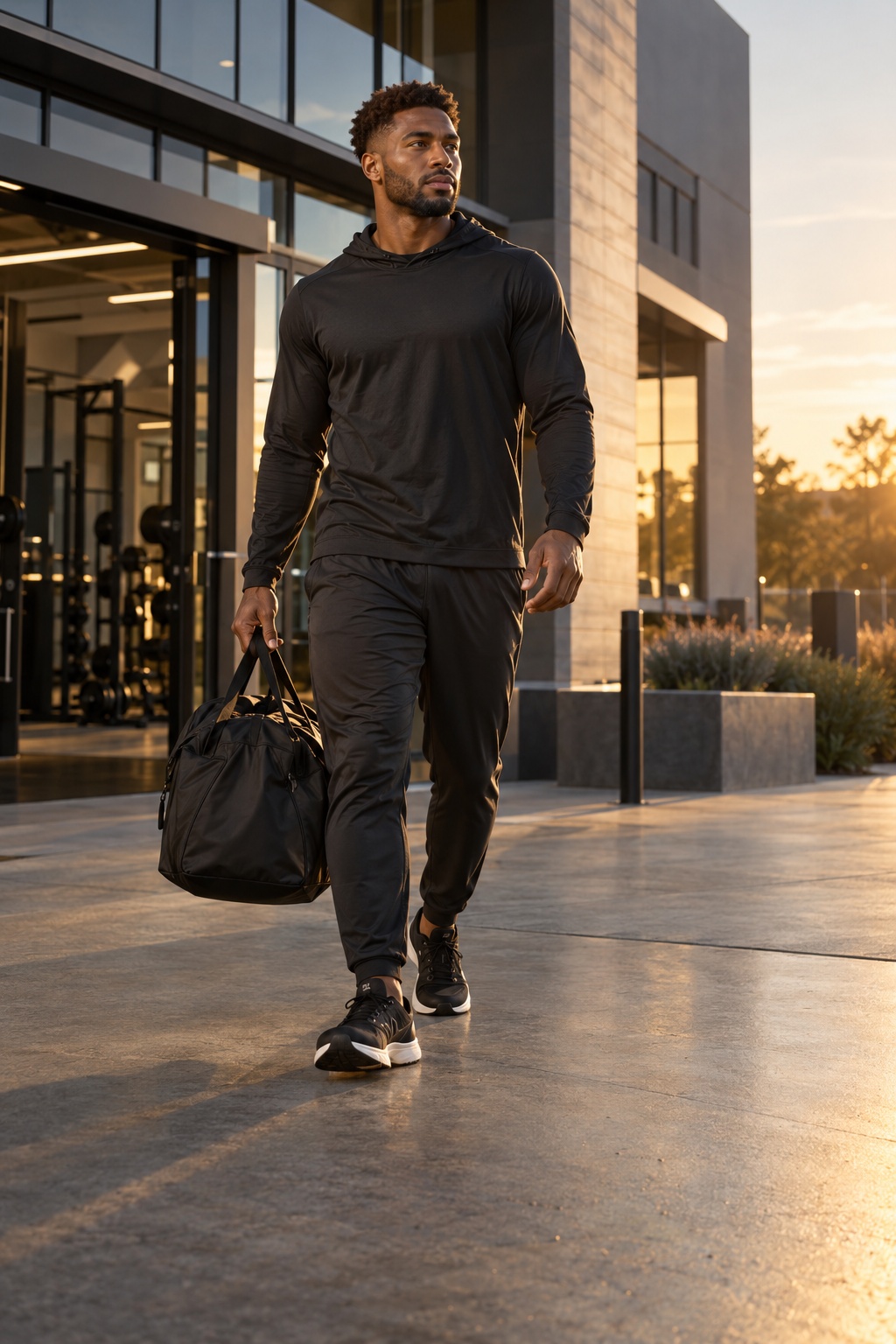An African American professional athlete leaving training with a practice bag