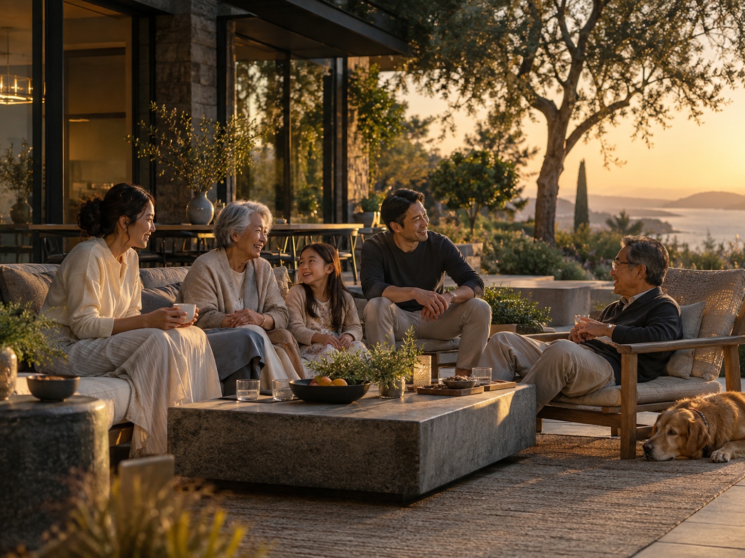A multigenerational family enjoying a relaxed evening on a garden terrace