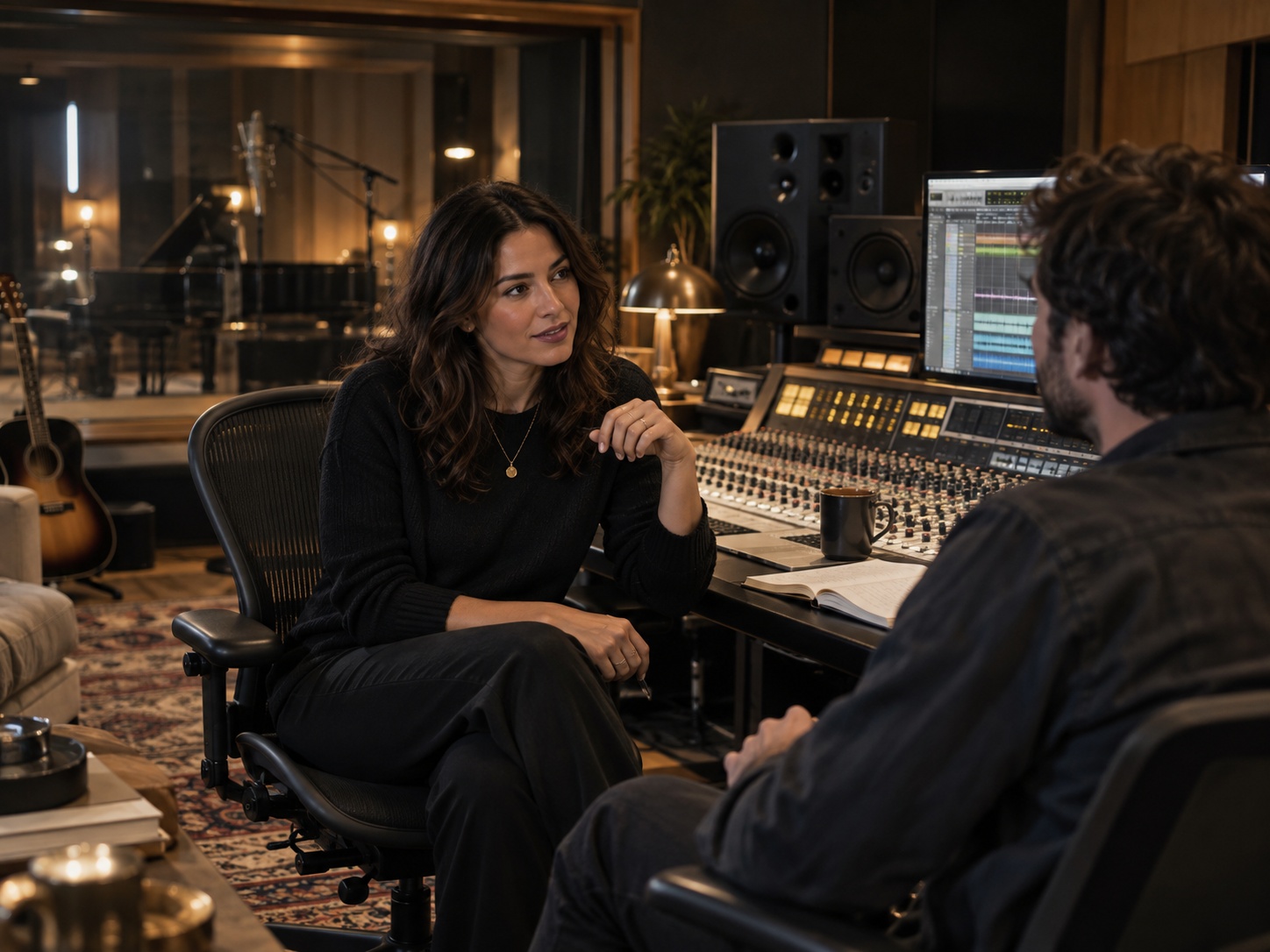 A creative professional in conversation with a colleague in a recording studio