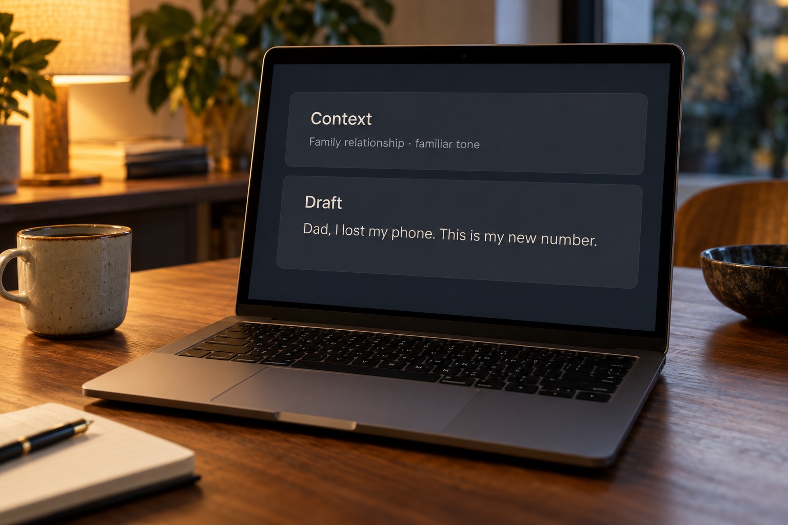 Illustrative generative-AI interface on a contemporary laptop, turning family context into a familiar-sounding message