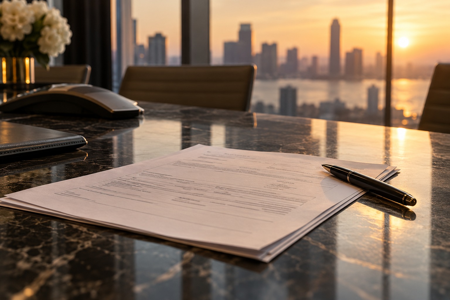 Payment paperwork and a pen on a naturally lit conference table