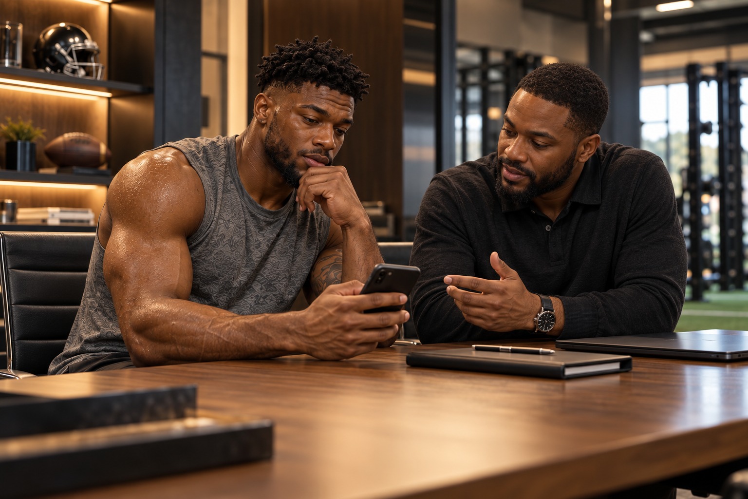 The athlete speaking with a trusted representative in his training environment