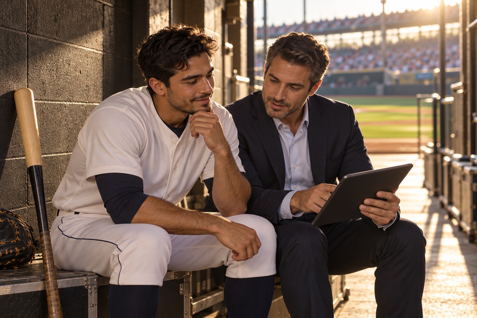 The baseball player discussing an endorsement approach with his agent in a quiet stadium setting