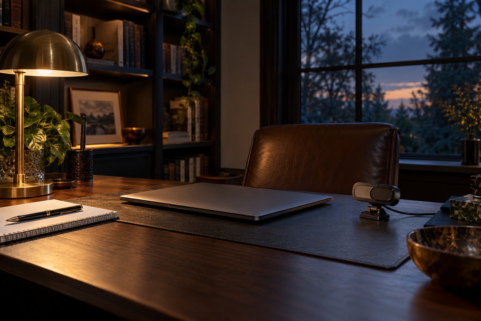 A quiet home workspace with an ordinary closed laptop and warm practical light
