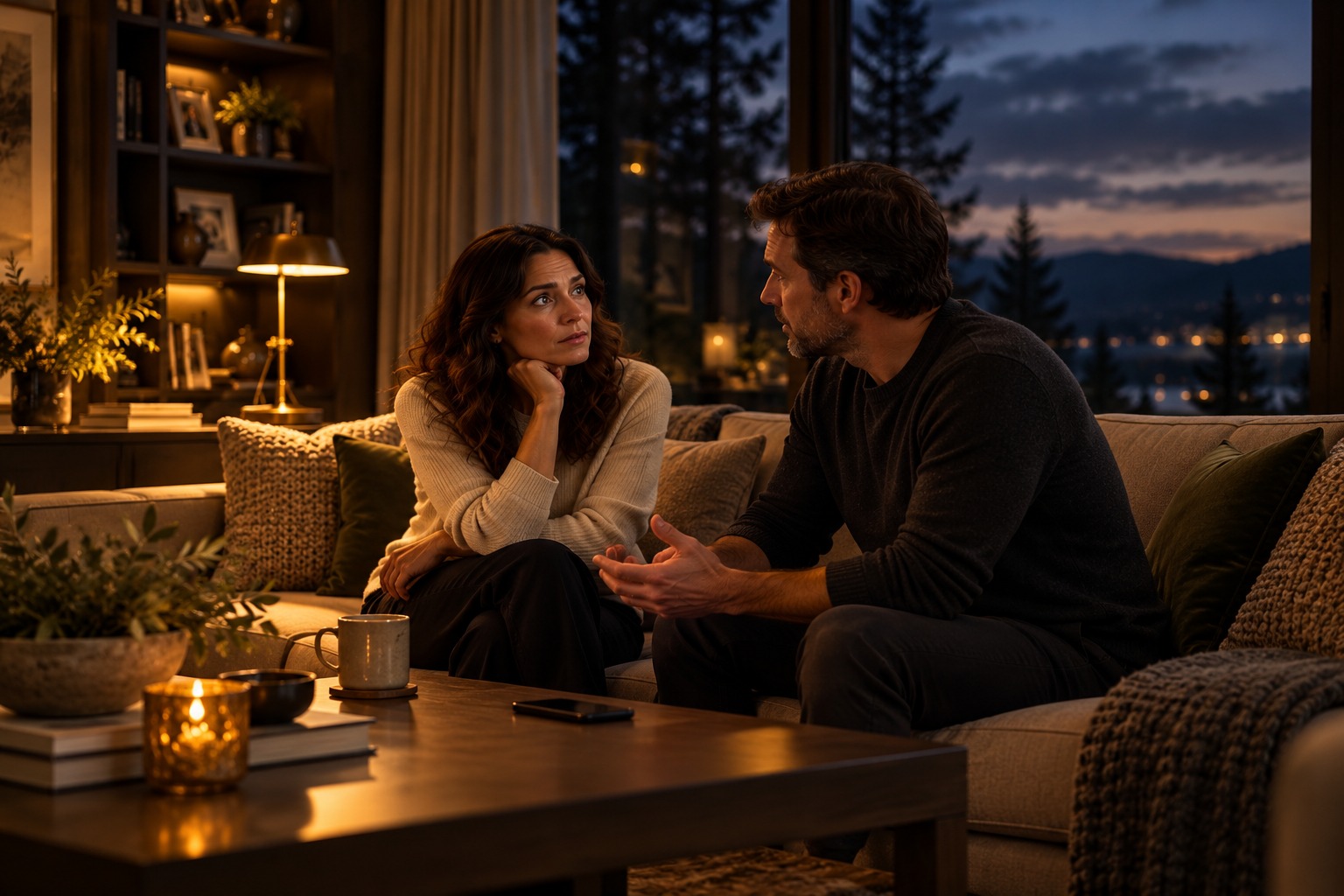 The woman calmly discussing a threatening message with a trusted partner in her home