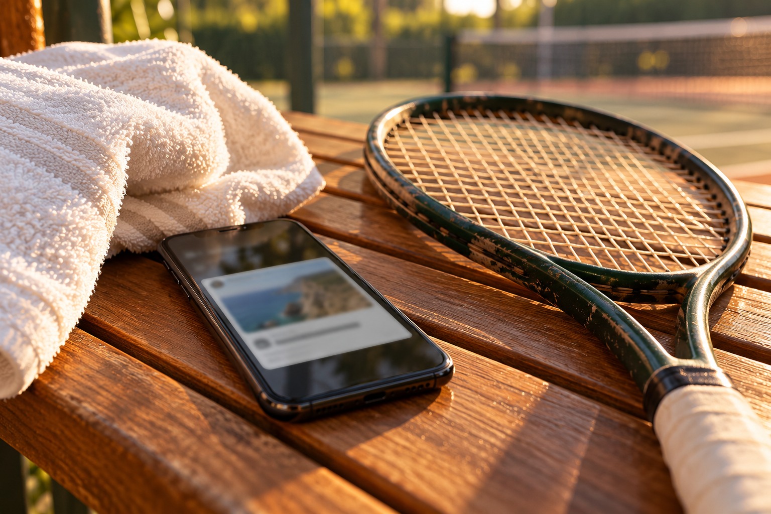A phone beside a racket on a quiet tennis-club bench