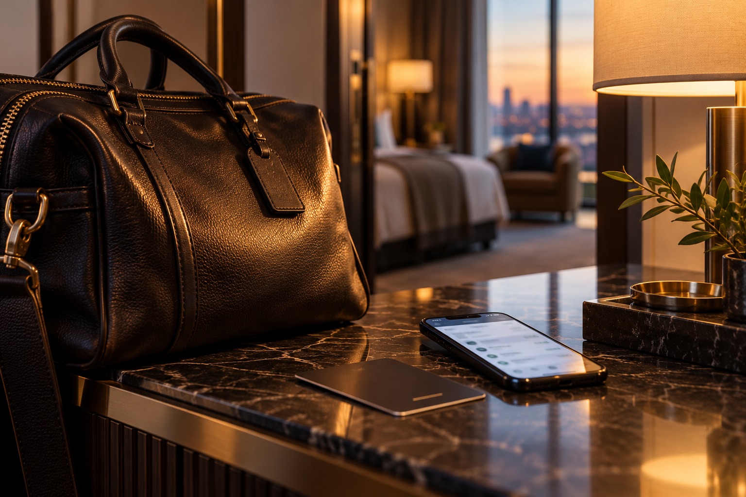 Travel belongings and a room key at a calm hotel arrival
