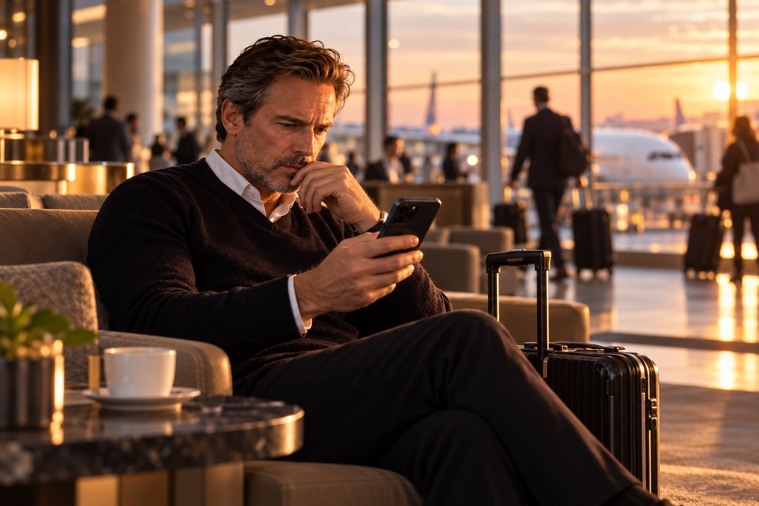 The traveler pausing in a quiet airport lounge while boarding activity continues beyond him