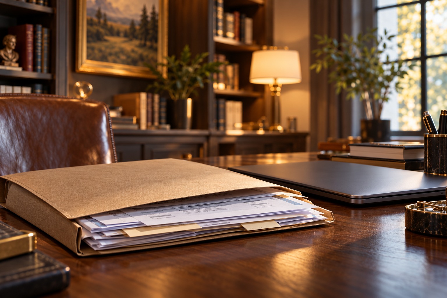 A private document folder on a warm residential study table