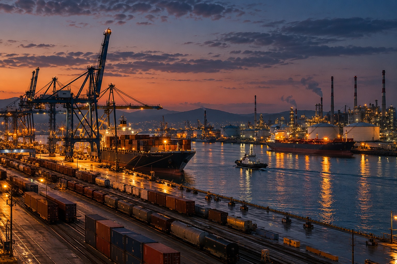A cinematic view of working port infrastructure at dusk, the physical world evoked by the investment pitch