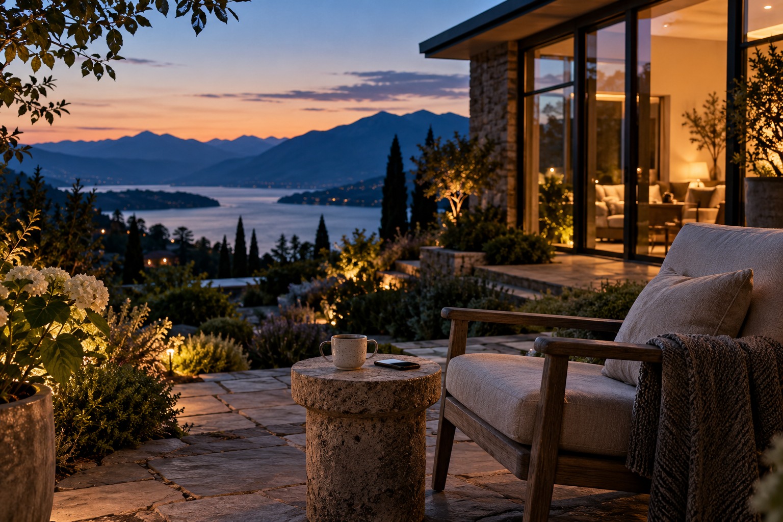 The garden terrace after the call, with a phone beside a cup and warm light from the house