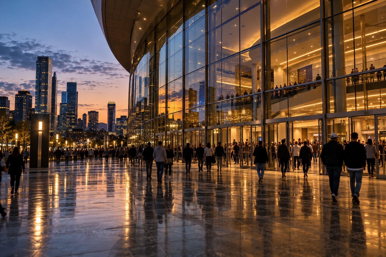 An arena concourse with distant spectators and reflections, the public environment around the player’s life