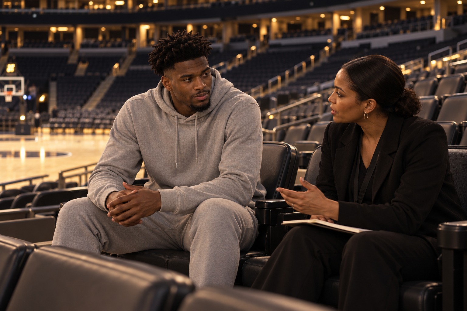 The basketball player and a trusted representative in a candid conversation in quiet arena seating