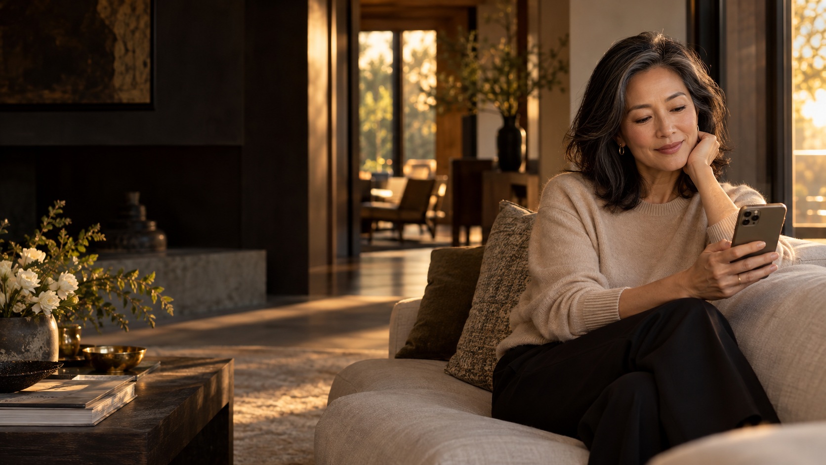 A composed woman considering a message in a quiet private residence.