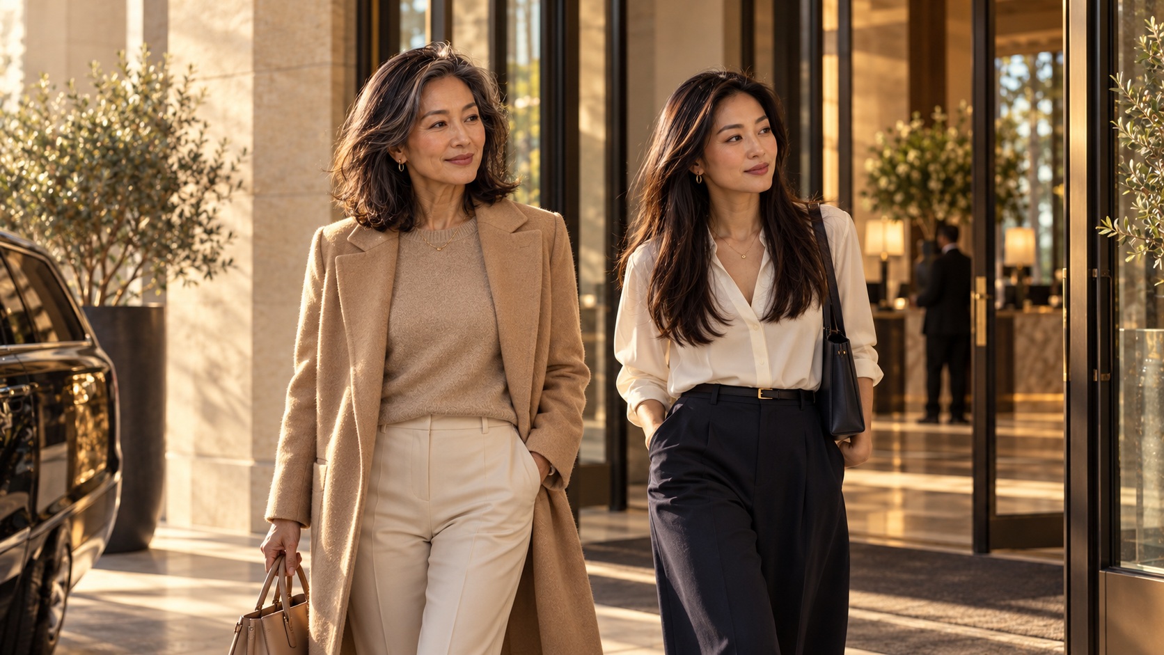The same mother and adult daughter arriving naturally at a sophisticated hotel.