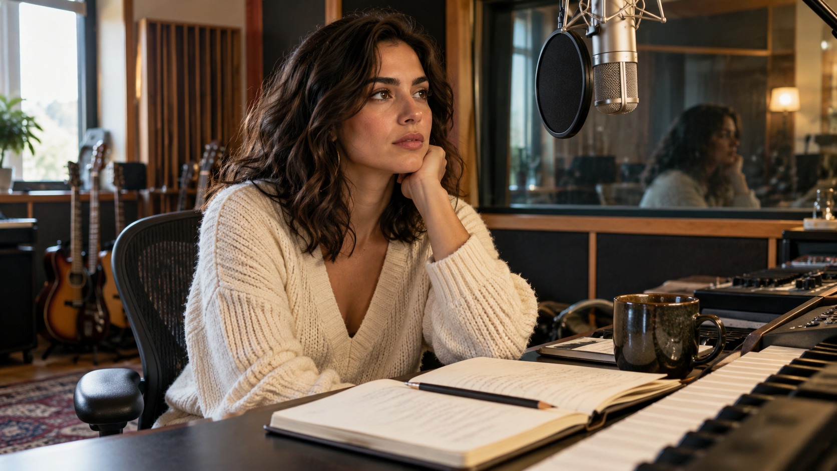 An entertainer in a contemporary recording studio, her reflection quietly echoed in the studio glass