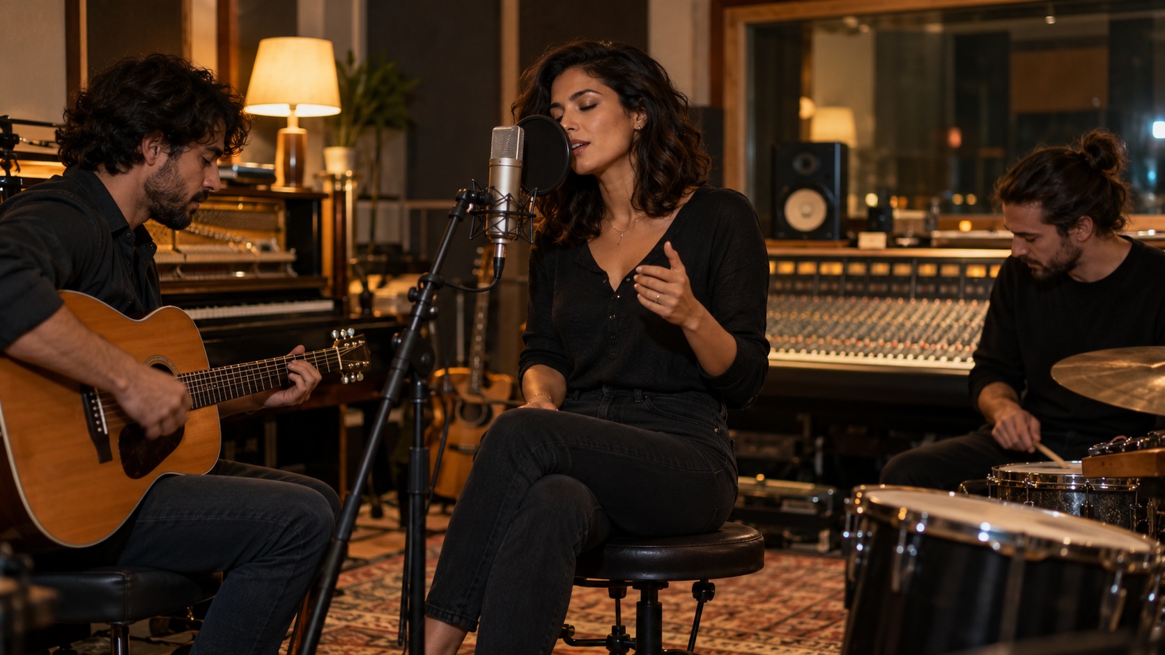 An entertainer rehearsing with colleagues in a recording studio