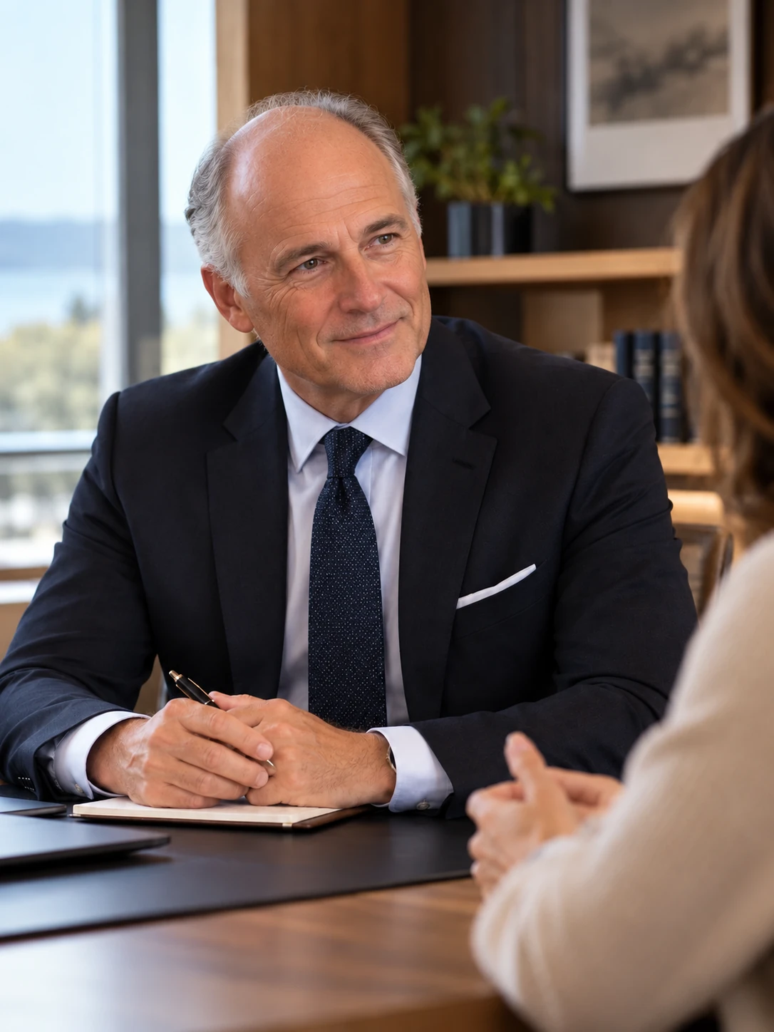 A senior male attorney with thinning gray hair listens to a client in a private law office.