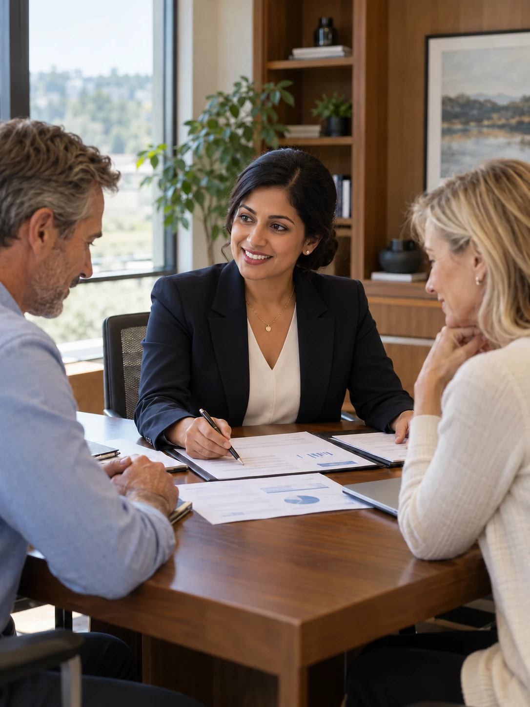 A female CPA with dark hair in a low bun explains financial documents to a couple in a private office.