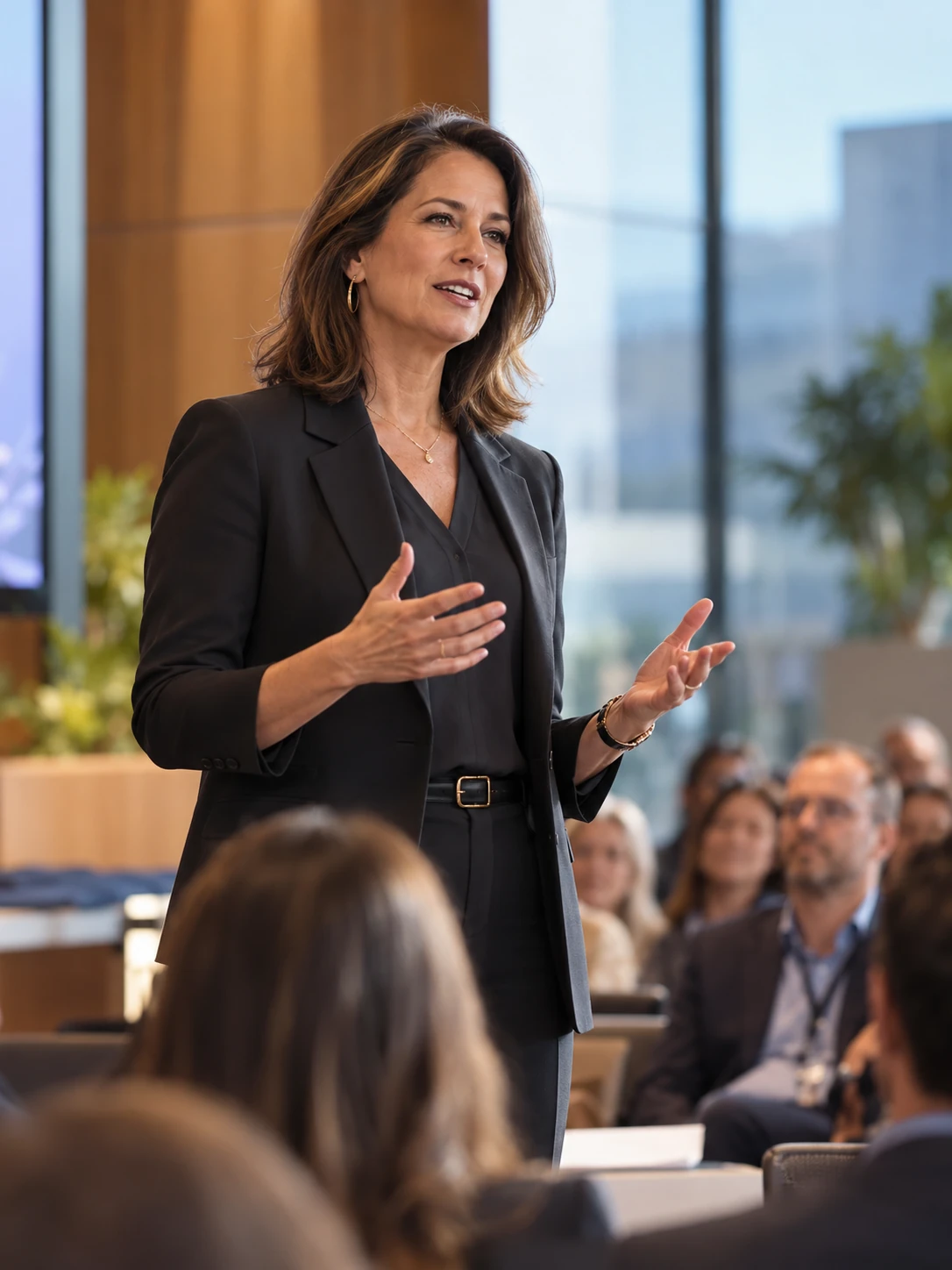 A female founder speaks to an audience at a contemporary business conference.