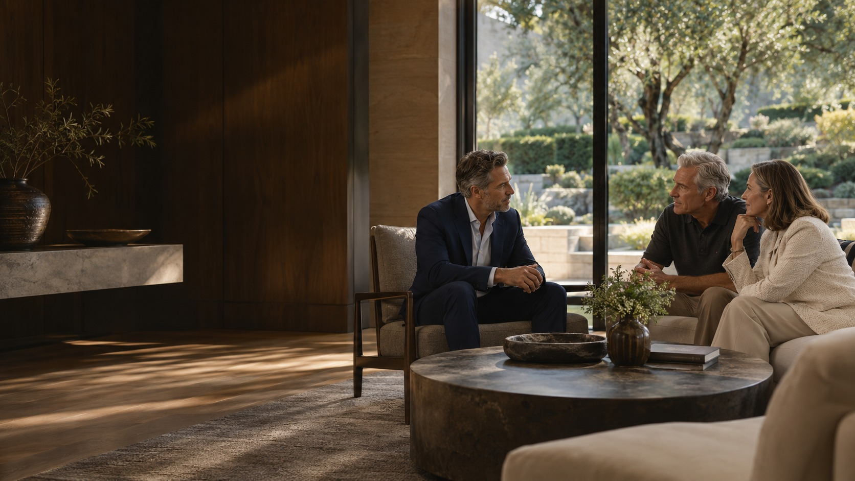 A wealth advisor and a couple in a private conversation in a refined client meeting space.