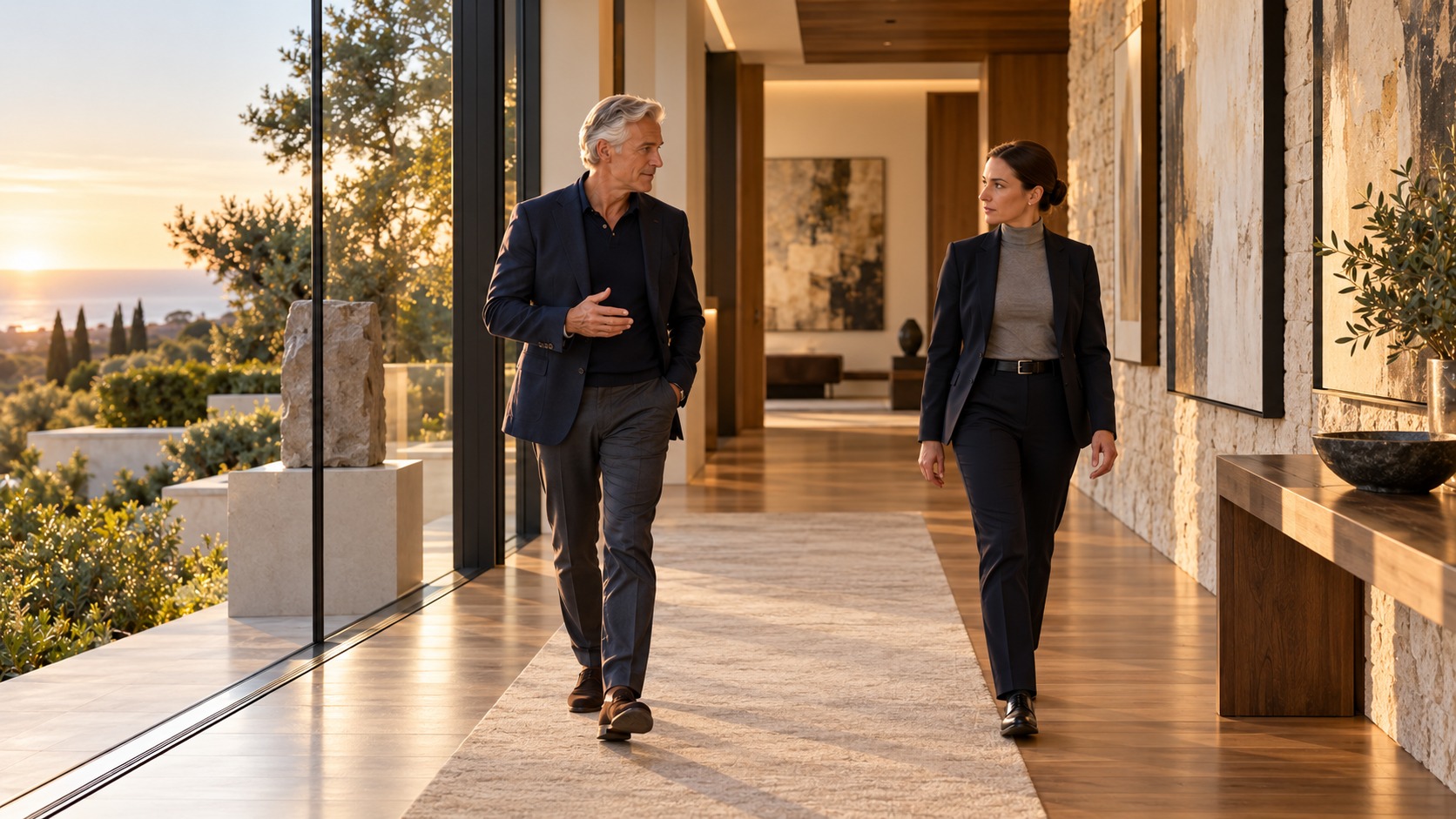 The family-office steward and a protective specialist in professional conversation at a private residence.