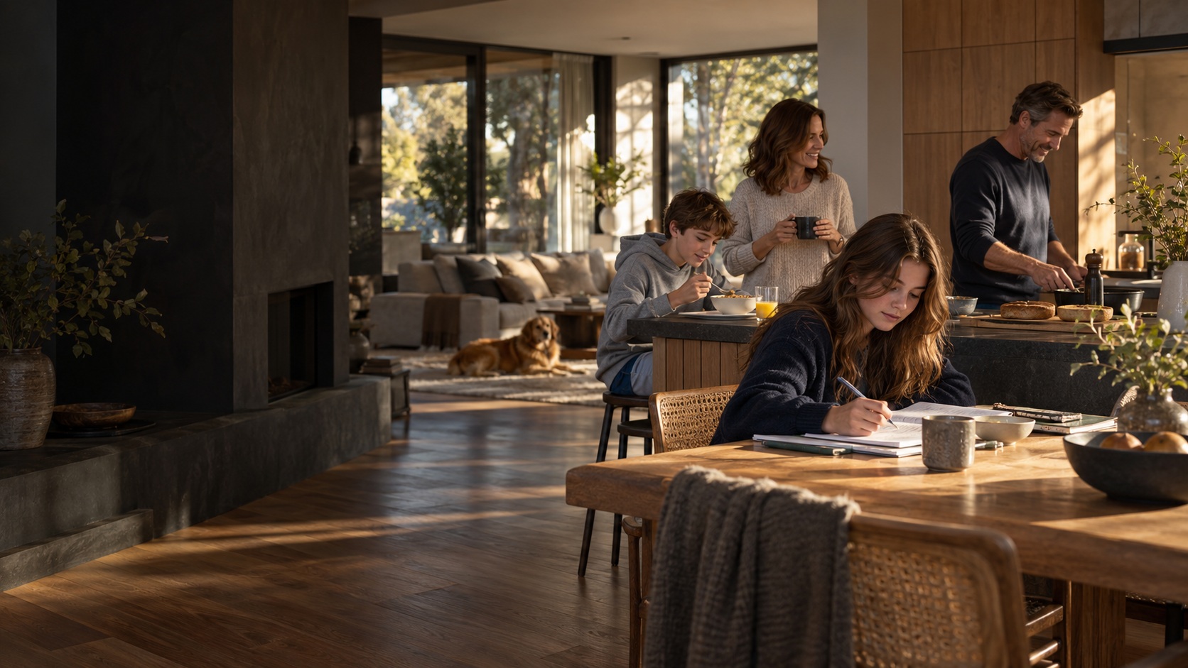 One family beginning an ordinary morning in their contemporary home.