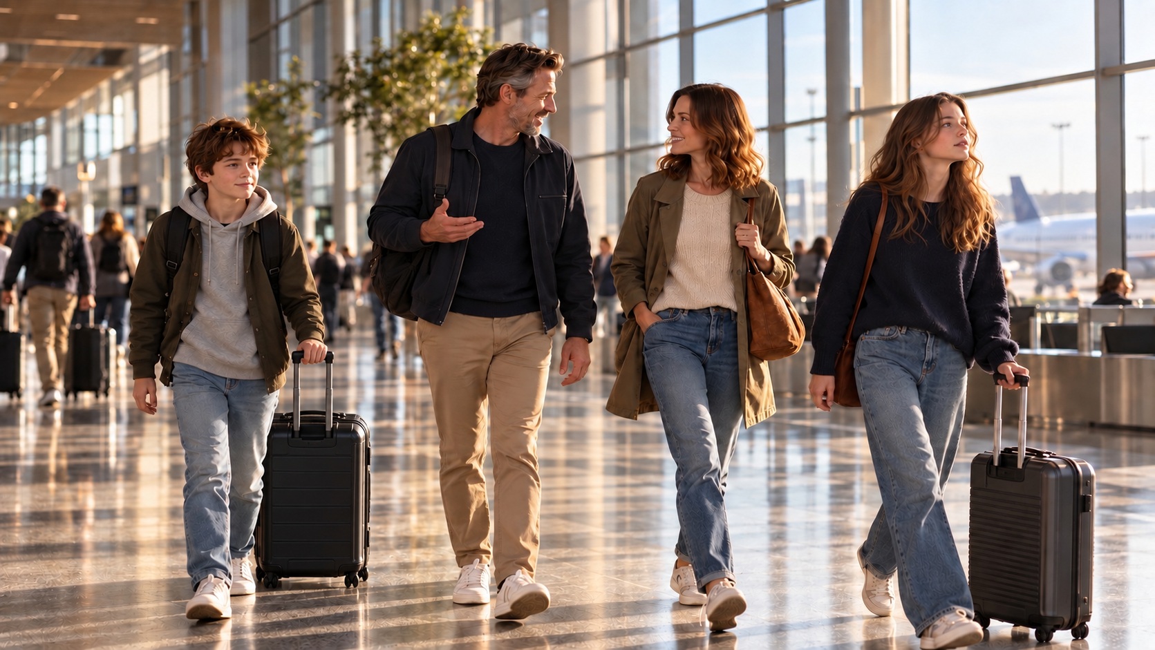 The same family moving naturally through an airport together, ready for their journey.