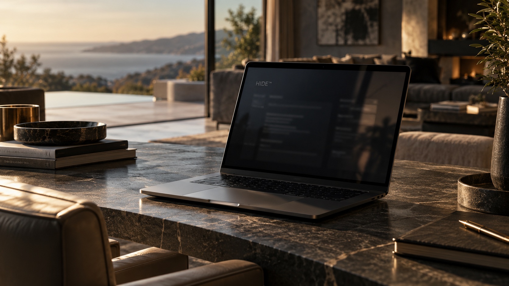 Oblique view of a laptop displaying a softly obscured HIDE client portal in a private residence.