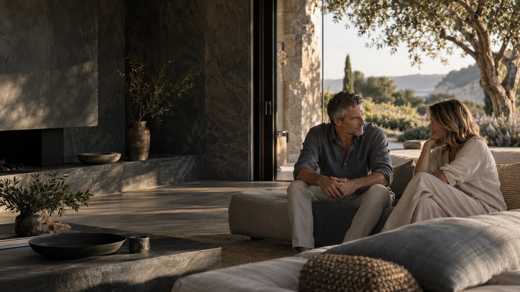 A couple enjoying a quiet conversation at their private residence.