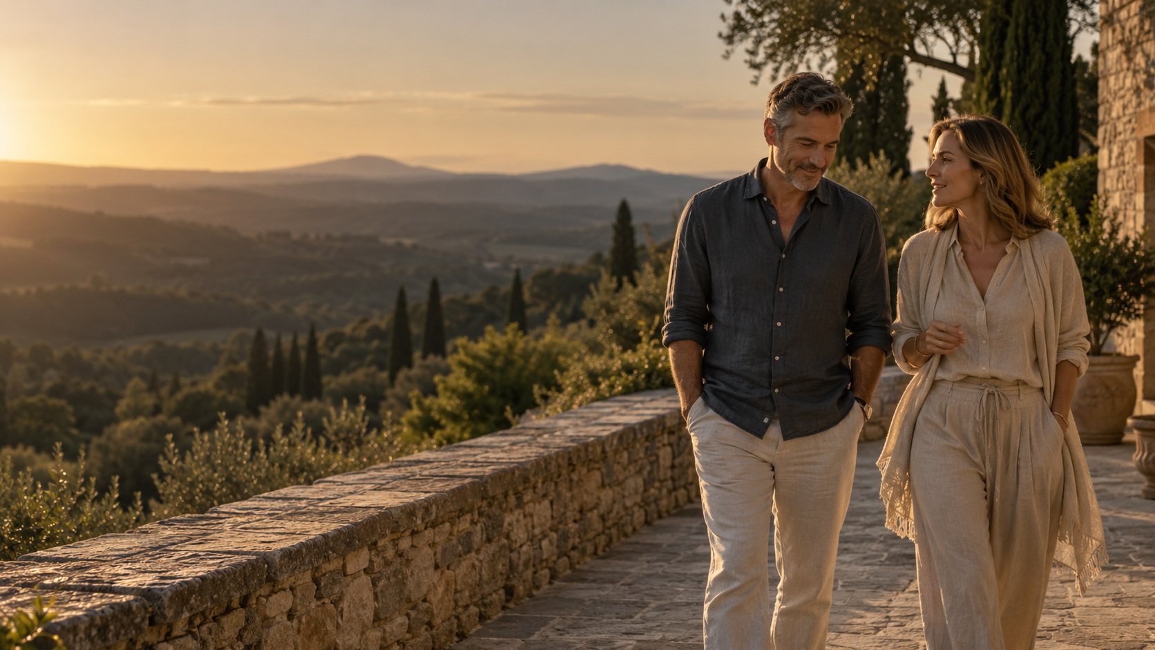 The couple enjoying a private outdoor moment together at golden hour.