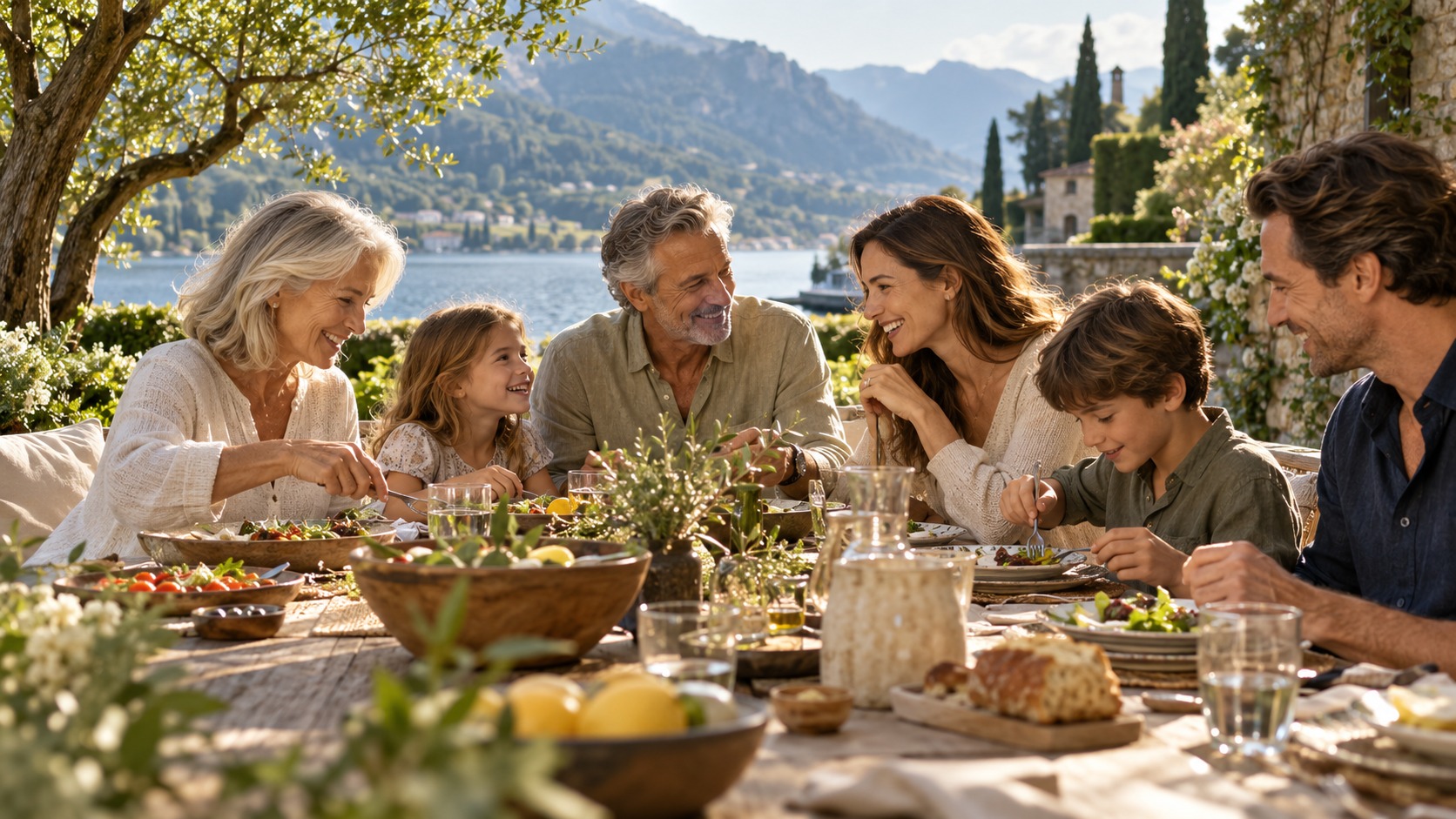 Grandparents, adult children and grandchildren sharing an authentic weekend garden lunch