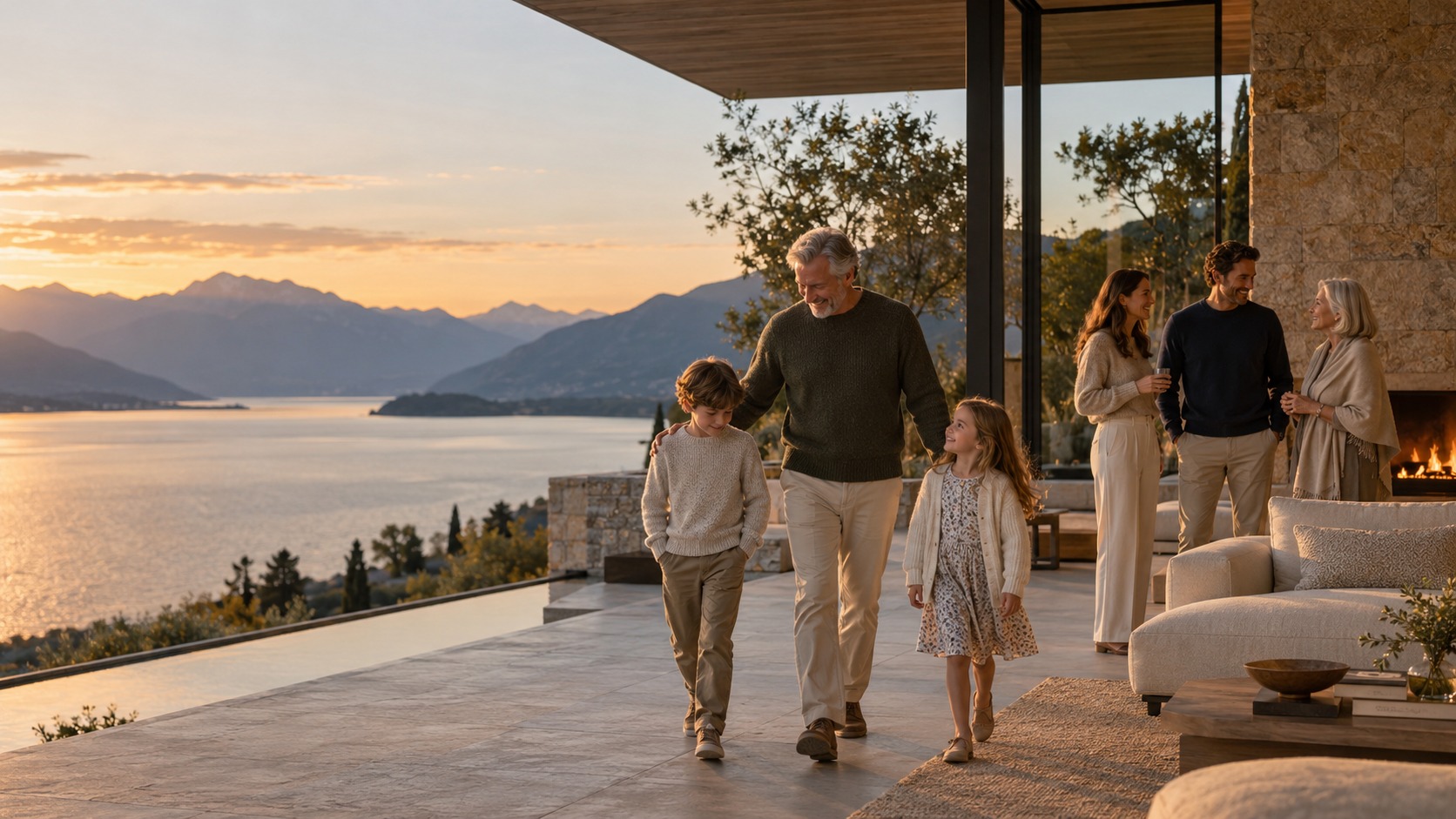 A multigenerational family moving naturally between a contemporary lakefront home and terrace at early evening