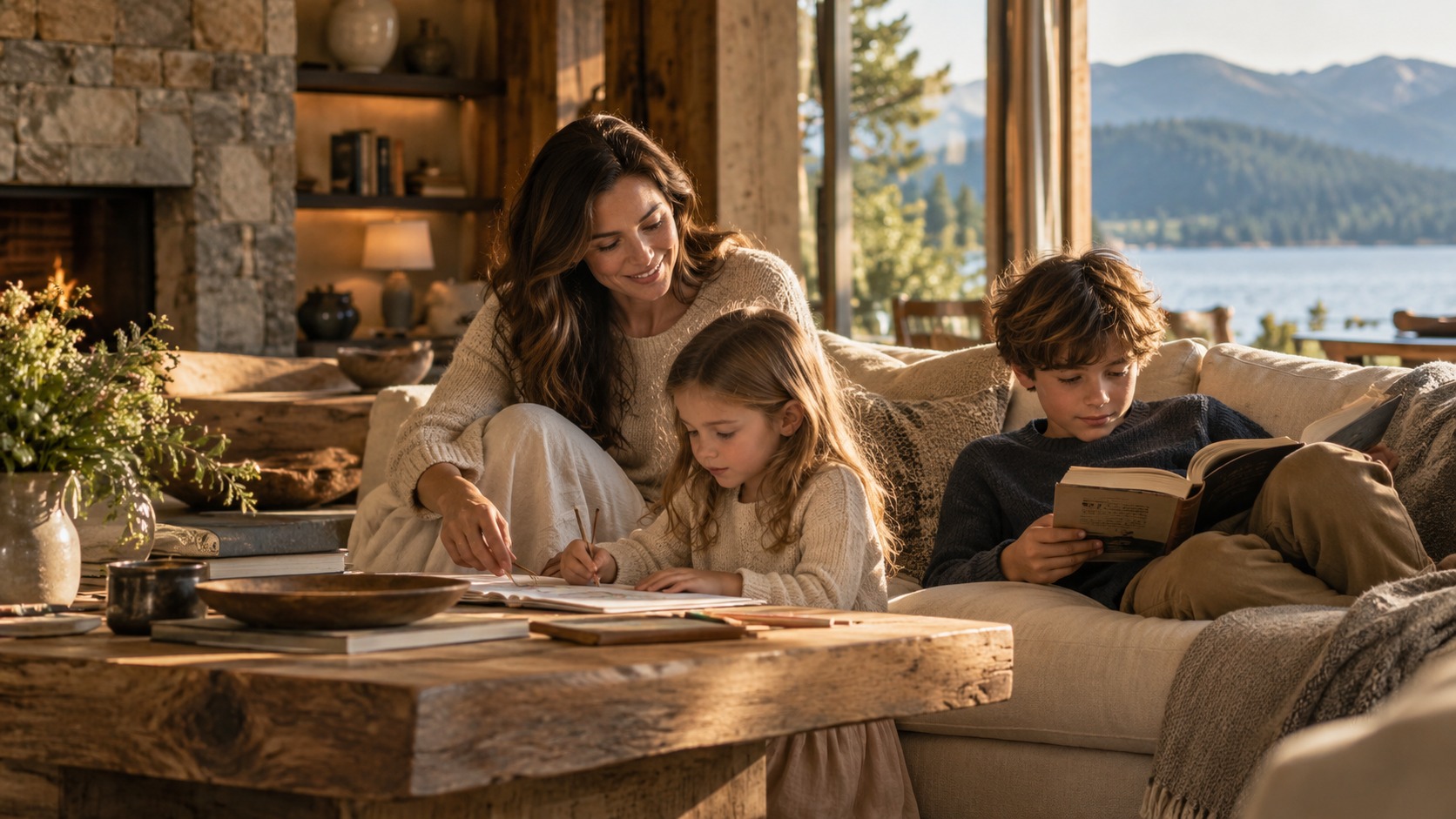 An adult daughter enjoying a quiet afternoon at home with her children
