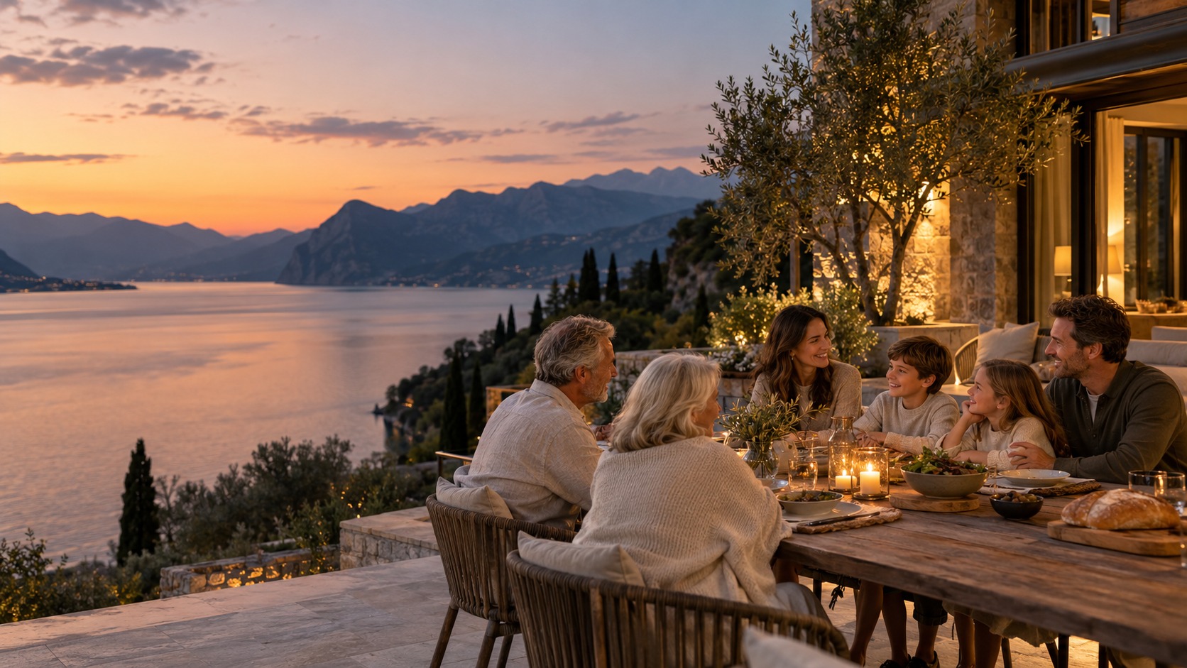 A multigenerational family enjoying a quiet lakefront terrace together at dusk