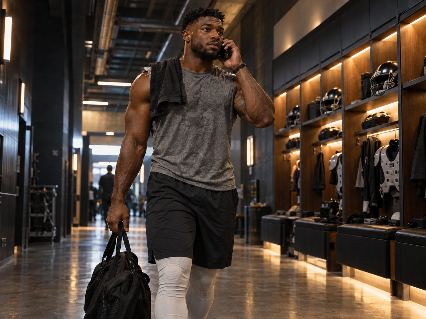 A fictional professional athlete receiving a call in a performance-center corridor