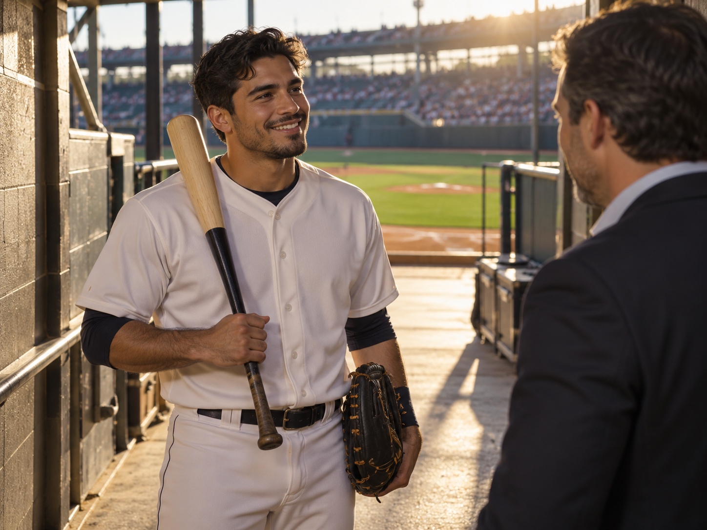 A fictional Hispanic baseball player with baseball equipment beside a stadium field