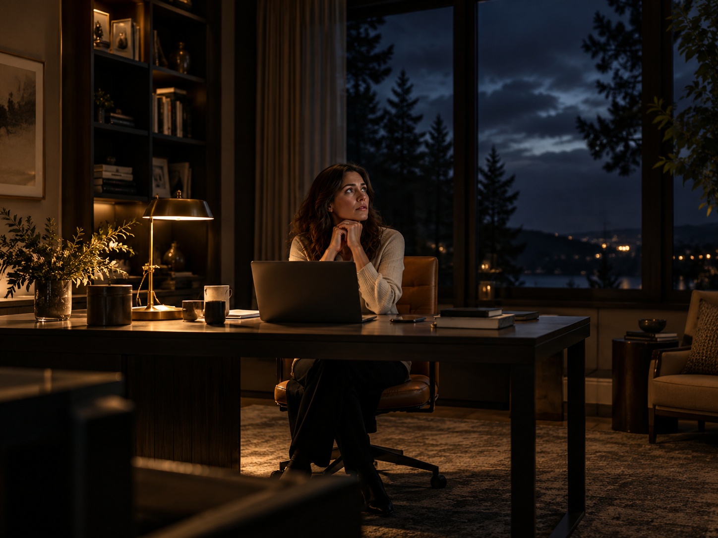 A successful person alone in a contemporary home office late in the evening