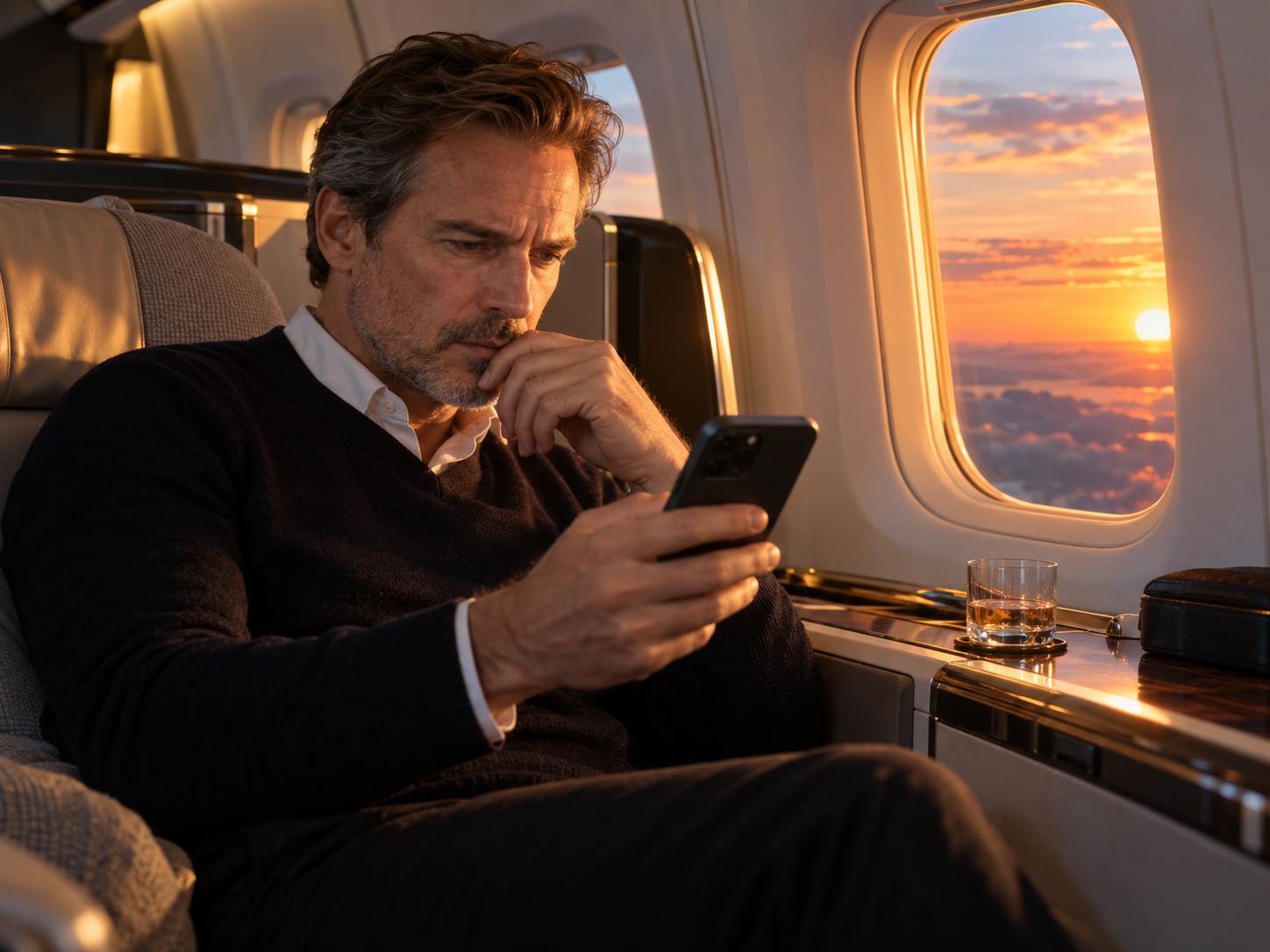 An affluent traveler examining a phone beside an airplane window at sunset