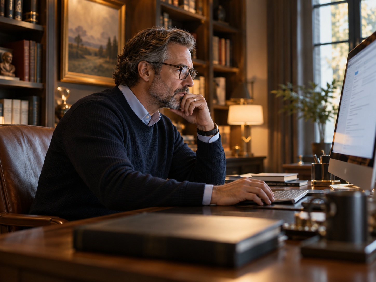 A man with glasses reviewing a tax-document request in a warm residential study