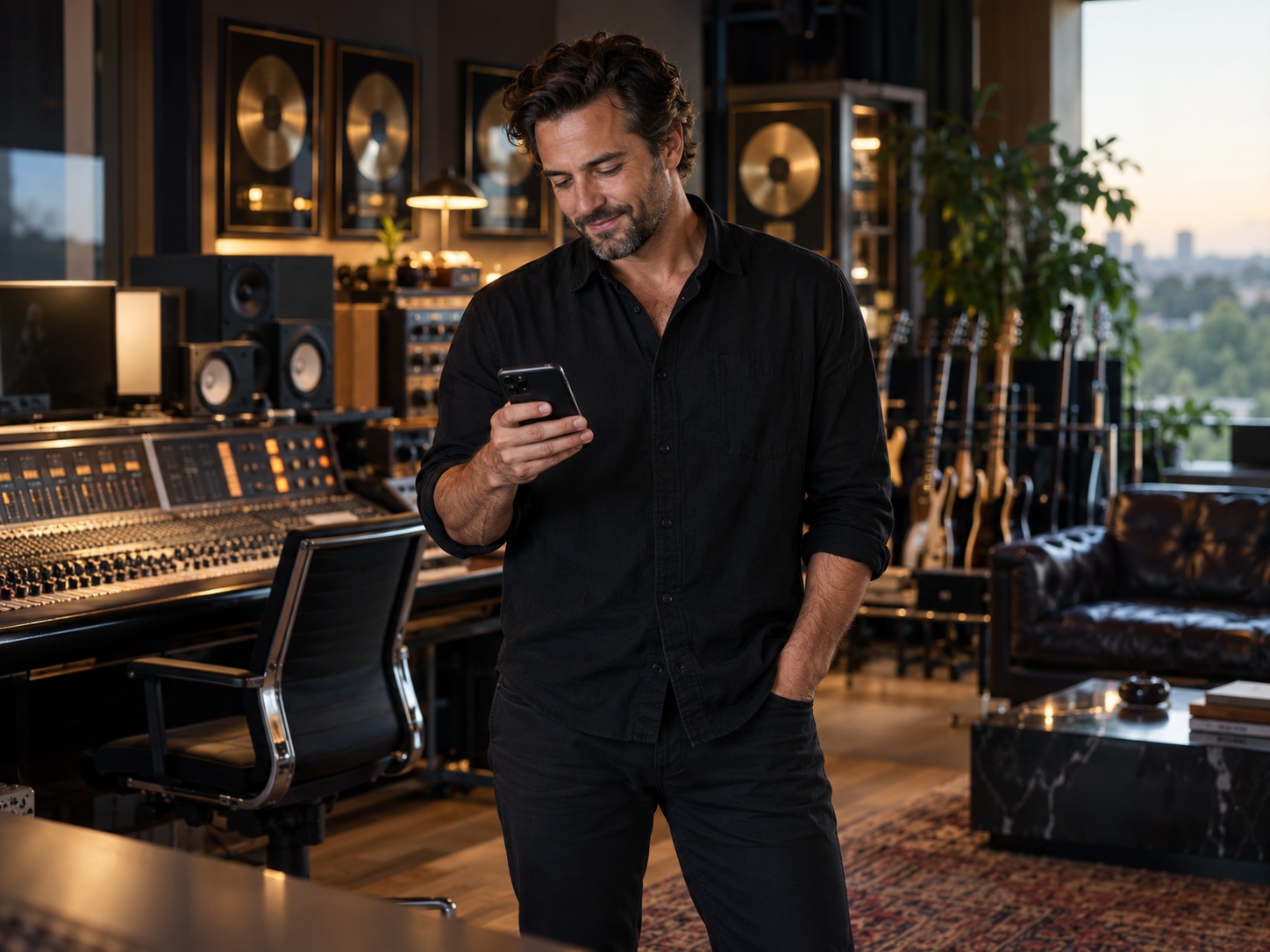 An accomplished musician considering a phone message in an airy recording studio