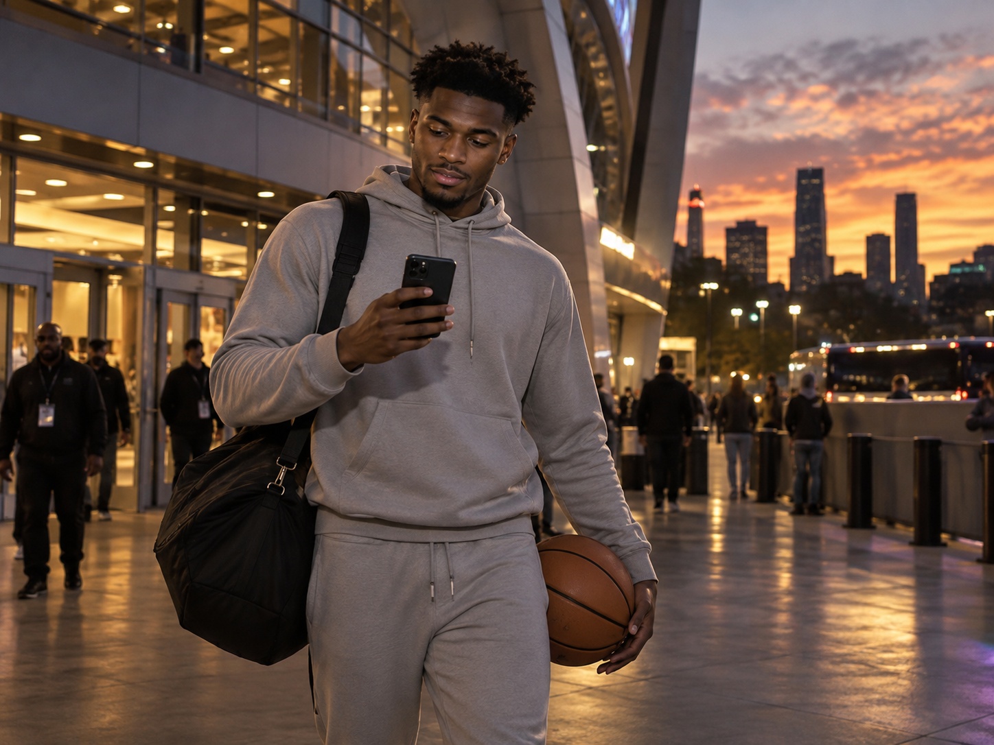A professional basketball player pausing over a social-mention notification in an arena concourse