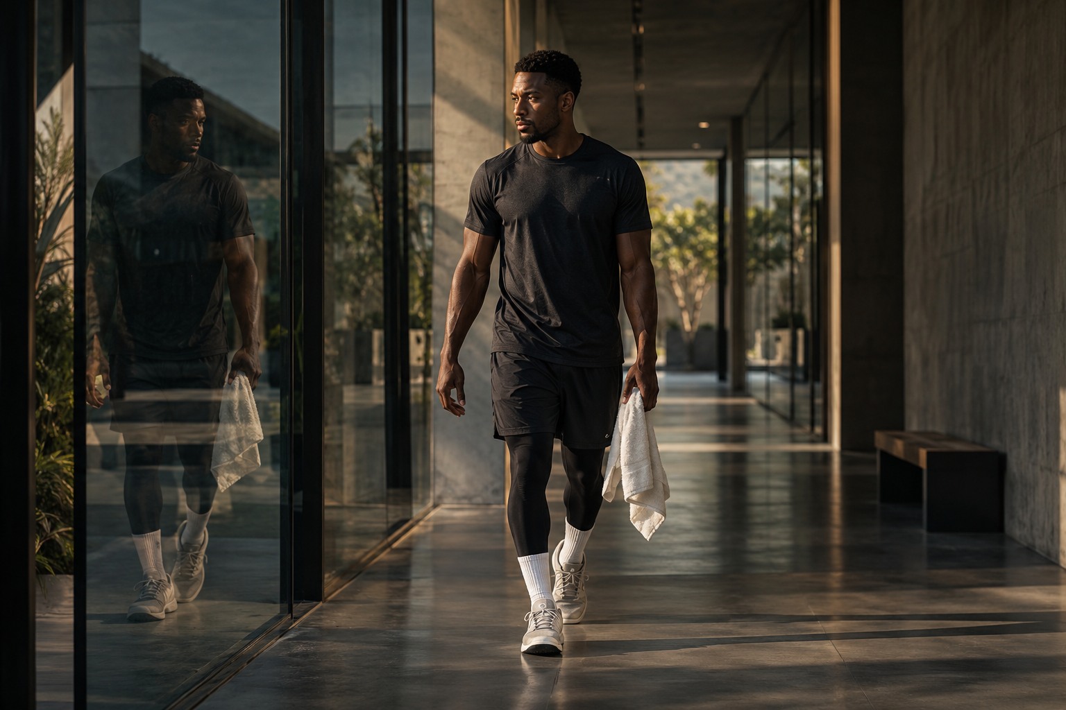 A professional athlete and his reflection in a training-centre corridor