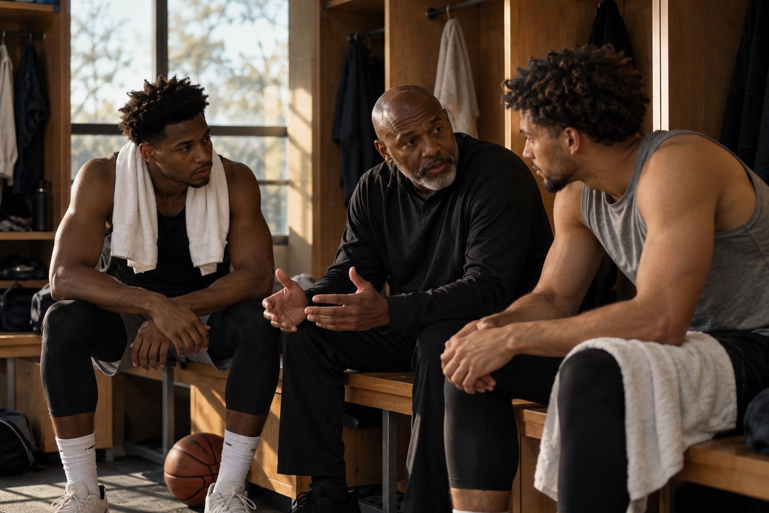Basketball players and a trusted advisor talking in a locker room