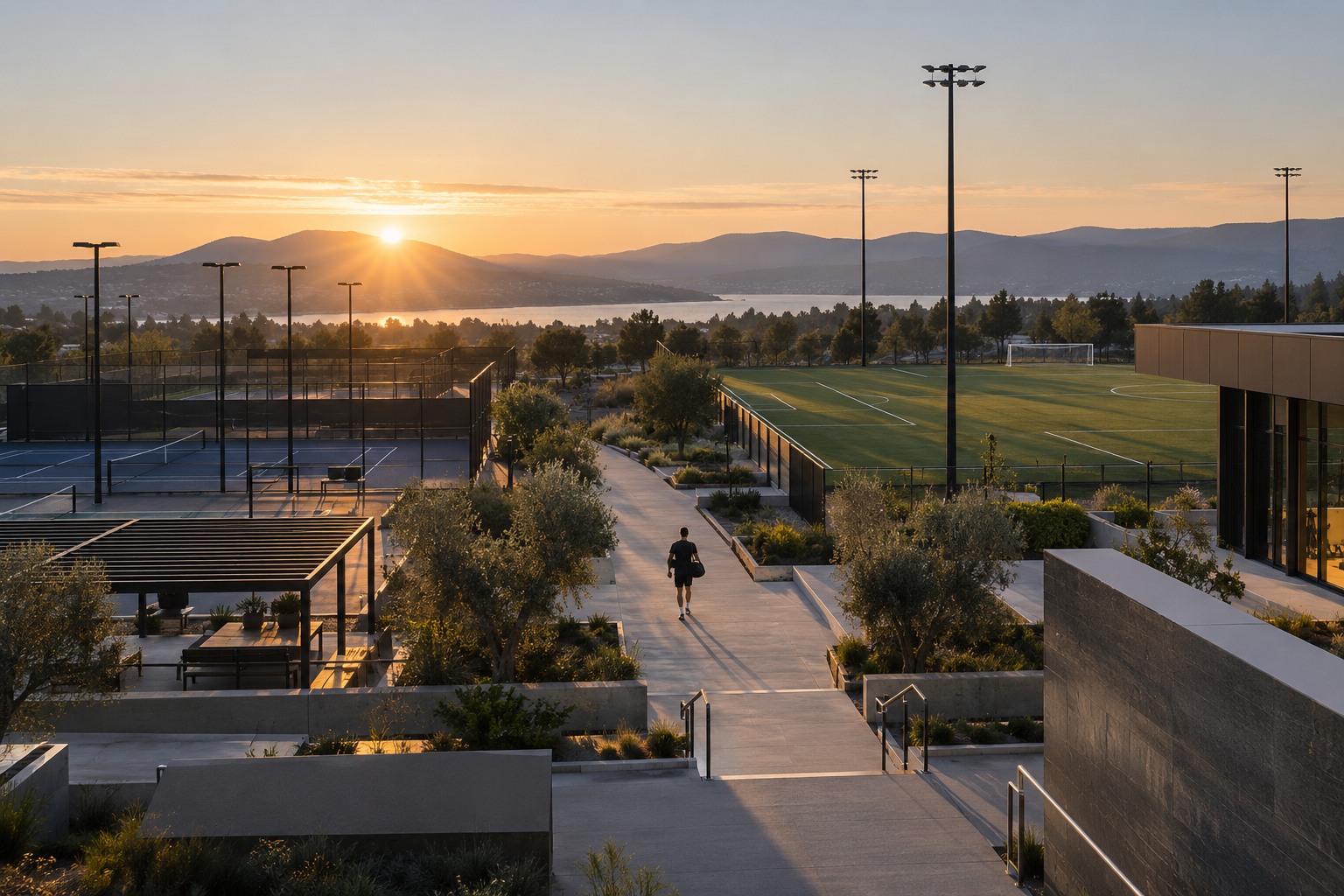 Athletic facilities and intersecting routes viewed from above at sunrise
