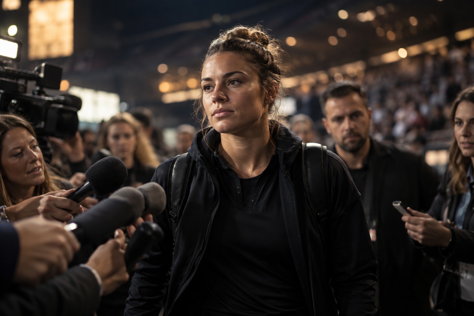 A professional female athlete passing a press-interview area
