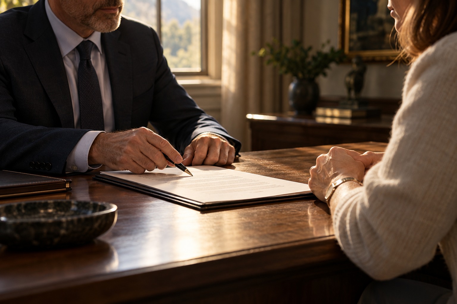 An advisor and client pausing over a document at a walnut table