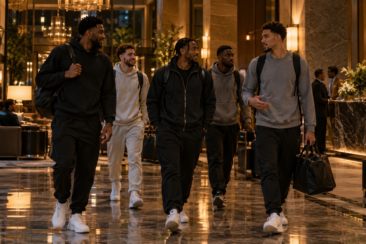 Basketball teammates travelling together through a hotel lobby