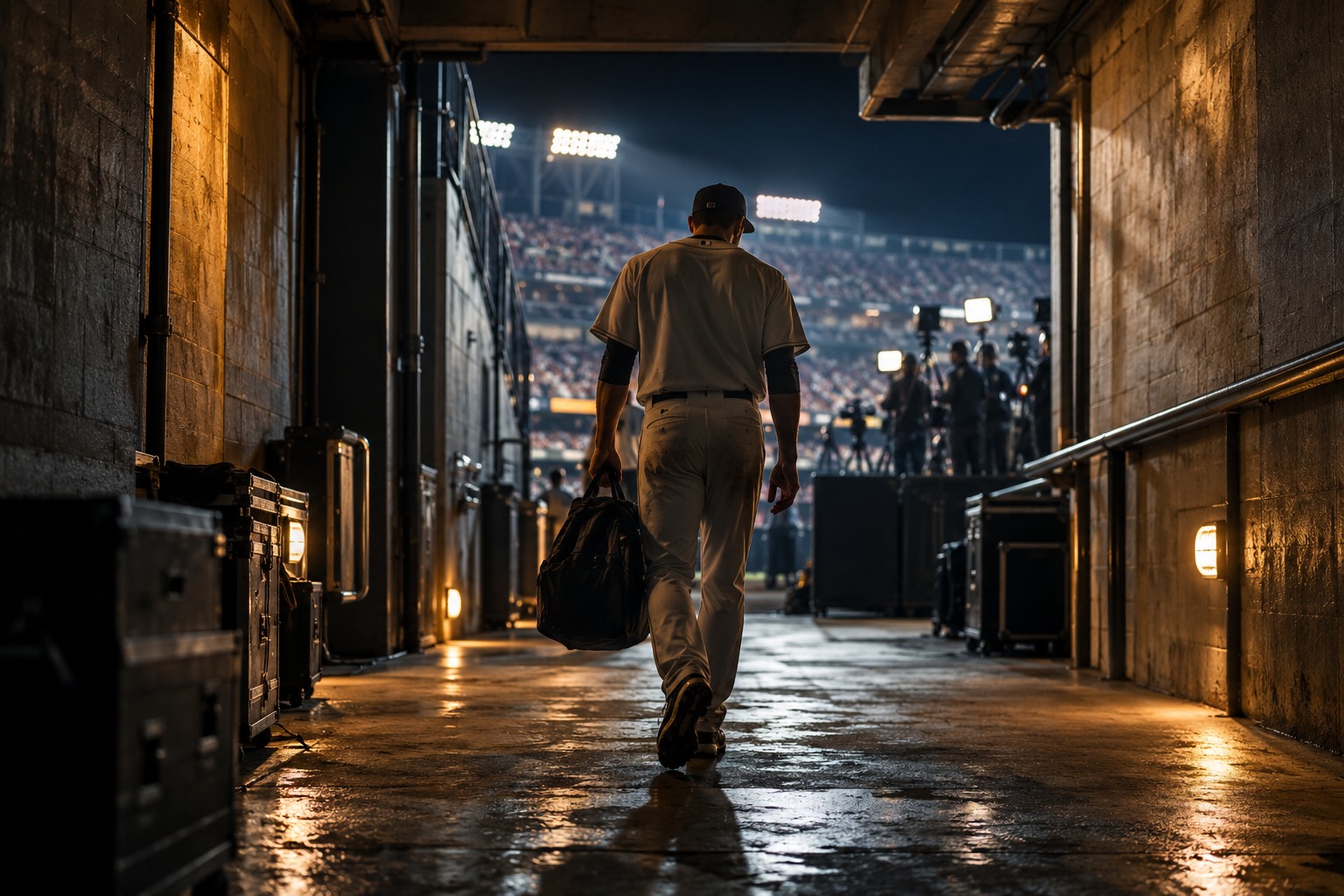 A baseball player leaving a stadium through a tunnel toward media lights